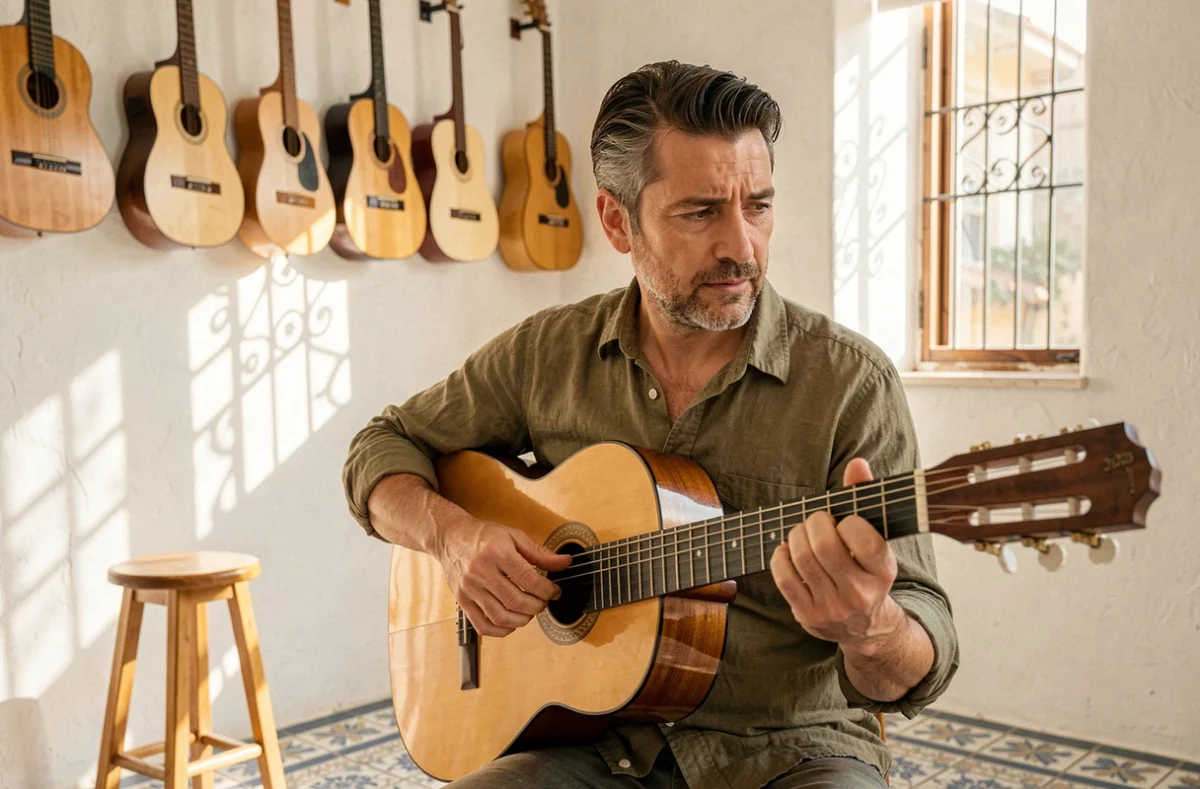 Guitariste jouant du flamenco dans le studio de l'Institut Paradis Guitare de Marseille entouré de guitares accrochées aux murs
