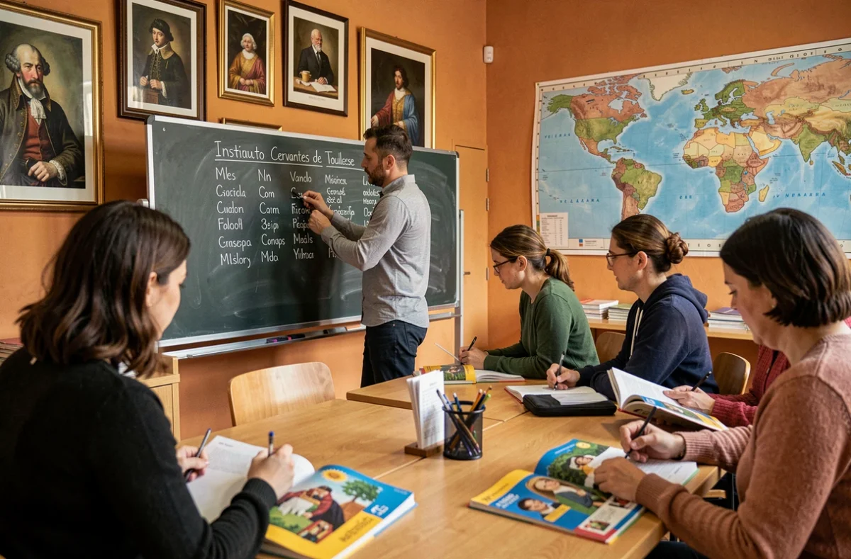 Cours d'espagnol à l'Instituto Cervantes de Toulouse avec un professeur au tableau et des étudiants adultes suivant sur des manuels