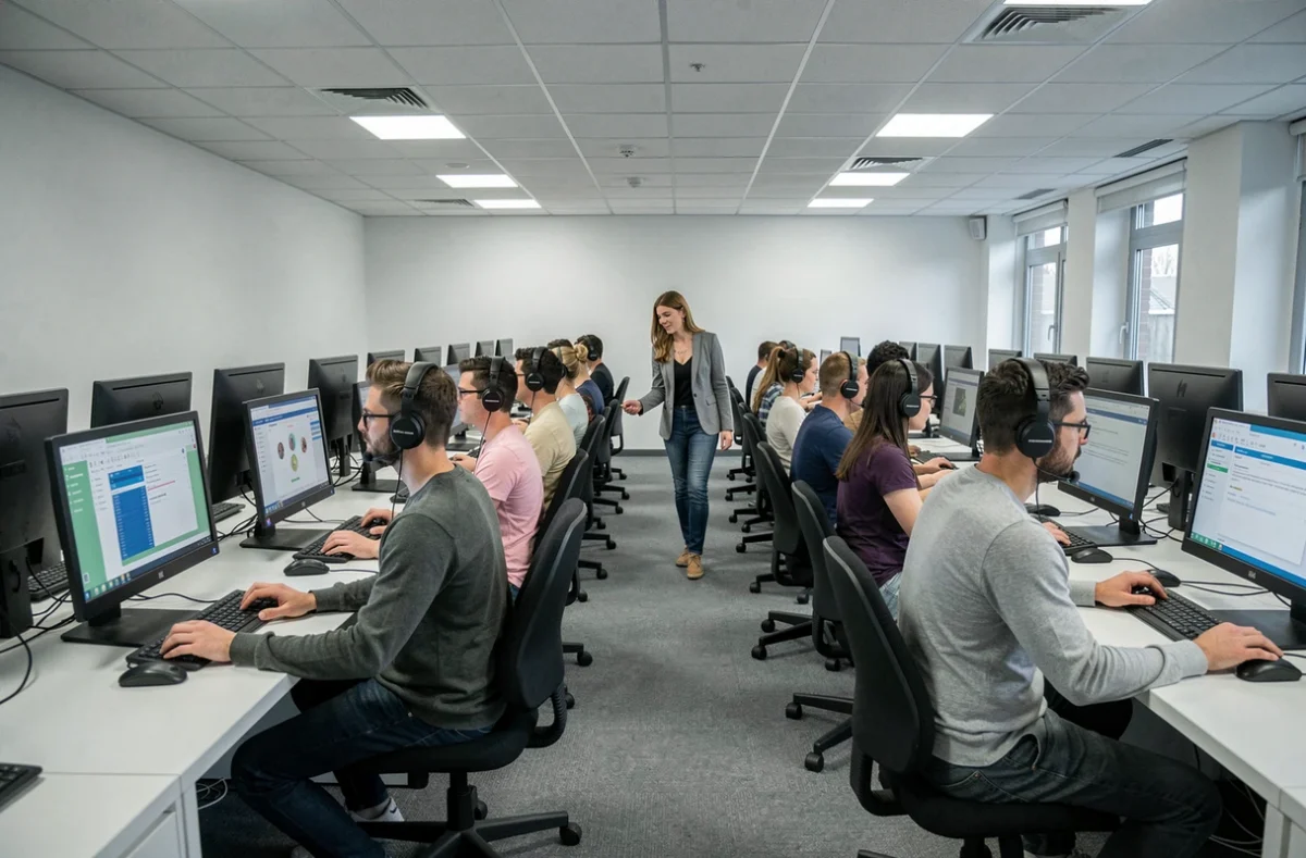Laboratoire de langues universitaire à l'IULCF de Toulouse avec des étudiants adultes sur des postes informatiques munis de casques audio