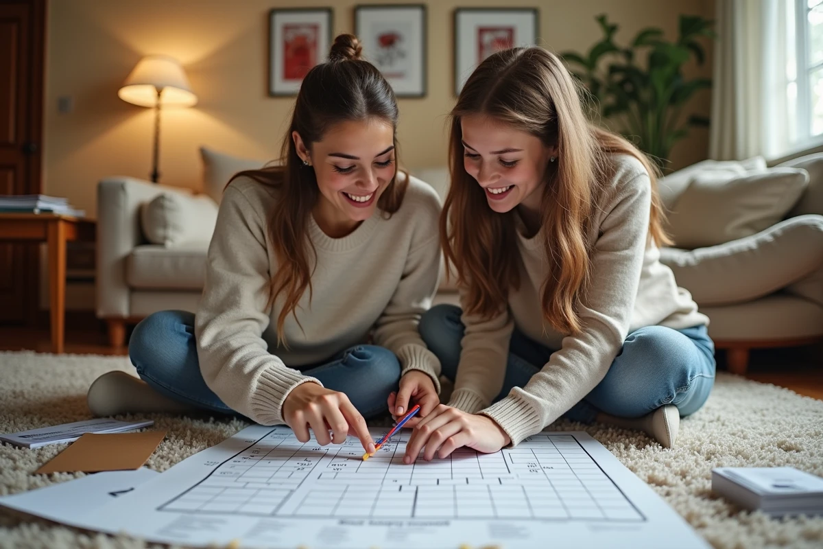Une femme et une adolescente jouant ensemble à un jeu de mots croisés éducatif sur le sol d'un salon