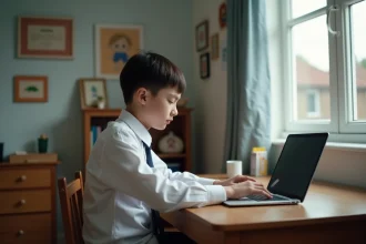 Jeune garçon en uniforme étudiant à son bureau