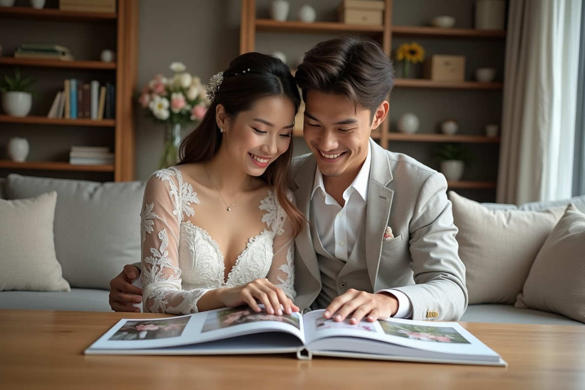 Jeune couple en mariage préparant un album photo