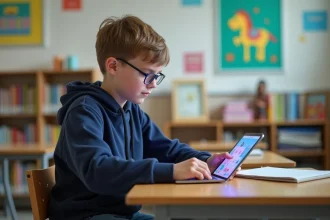 Garçon de 13 ans utilisant une tablette éducative en classe