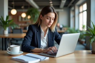 Jeune femme travaillant sur son ordinateur dans un espace coworking