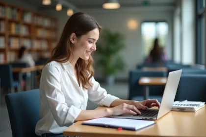 Jeune femme souriante travaillant sur un ordinateur portable dans une salle d'étude universitaire