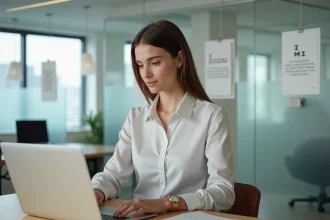 Jeune femme en bureau moderne utilisant un ordinateur portable