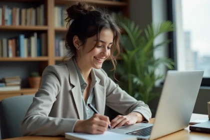 Jeune femme concentrée travaillant à son bureau à domicile