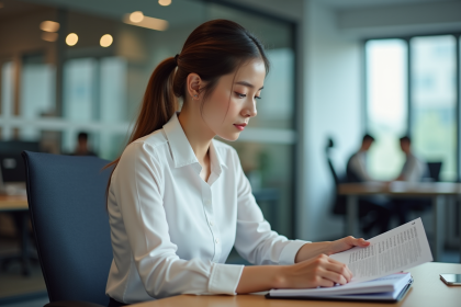 Jeune femme professionnelle consulte un portfolio au bureau