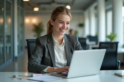 Jeune femme souriante au bureau avec ordinateur portable