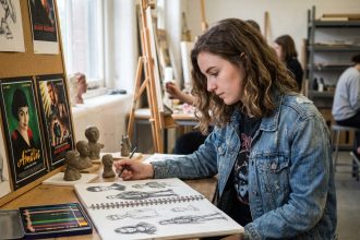 Jeune femme en train de dessiner dans un studio d'art