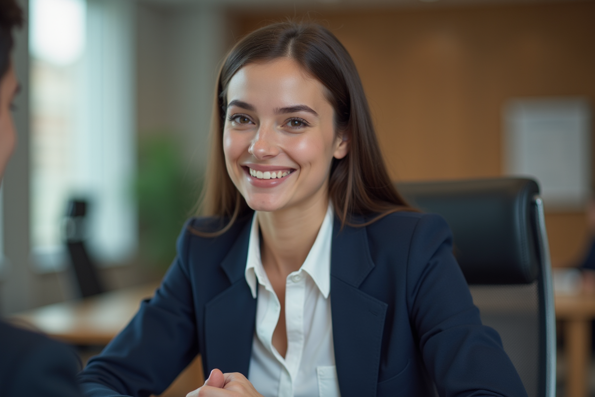 Jeune femme confiante lors d'un entretien d'embauche en bureau
