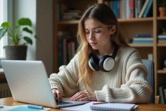 Jeune femme concentrée sur son ordinateur dans un appartement chaleureux