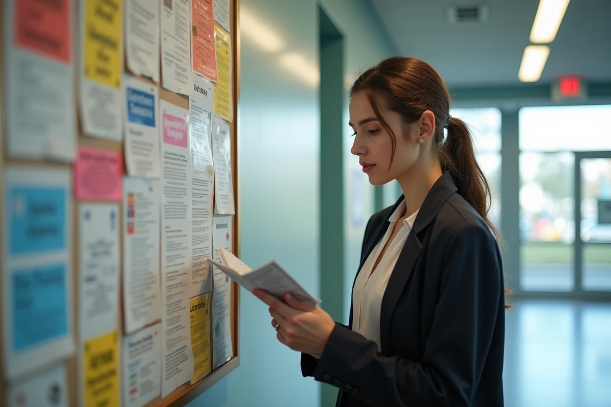 Jeune femme lisant un panneau d