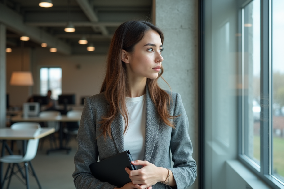 Jeune femme en open space contemplant la vue