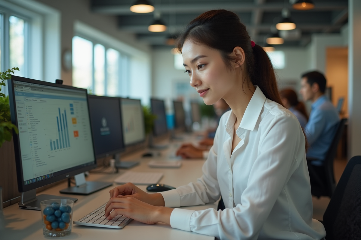 Jeune femme utilisant un portail de ventes sur son ordinateur