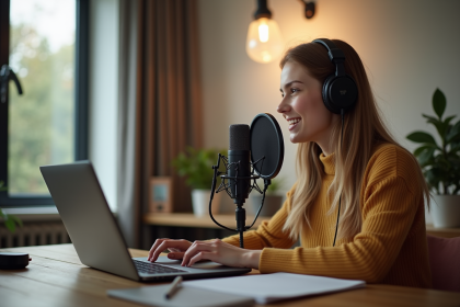 Jeune femme enregistrant un podcast dans un studio moderne