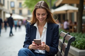 Jeune femme en blazer blanc utilisant son smartphone dans une ville d'AixenProvence