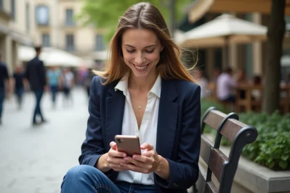 Jeune femme en blazer blanc utilisant son smartphone dans une ville d'AixenProvence