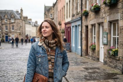 Jeune femme en denim dans une place tranquille