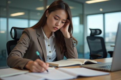 Jeune femme en bureau écrivant dans un journal