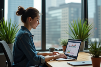 Jeune femme concentrée travaillant sur son ordinateur dans un espace coworking