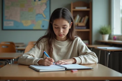 Jeune fille concentrée en classe écrivant dans un cahier