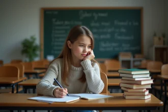 Jeune fille concentrée en classe avec cahier et tableau