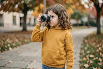 Jeune fille apprenant la photographie en tenant un appareil photo numérique dans un parc en automne