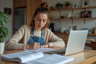 Jeune femme remplit ses formulaires de baccalaureat à la maison