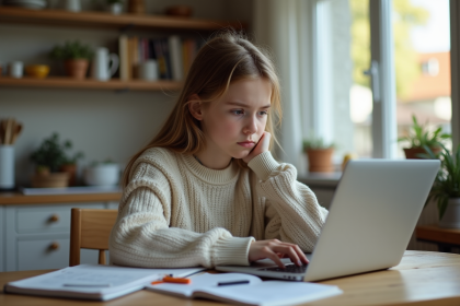 Jeune fille en détente à la maison studieuse à la cuisine