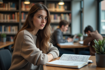 Jeune étudiante en physique étudiant un livre à la bibliothèque