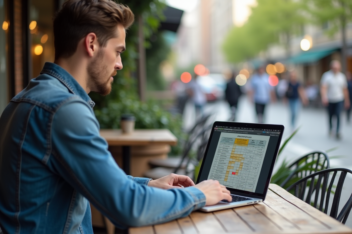 Jeune homme au café regardant un tableau de decision