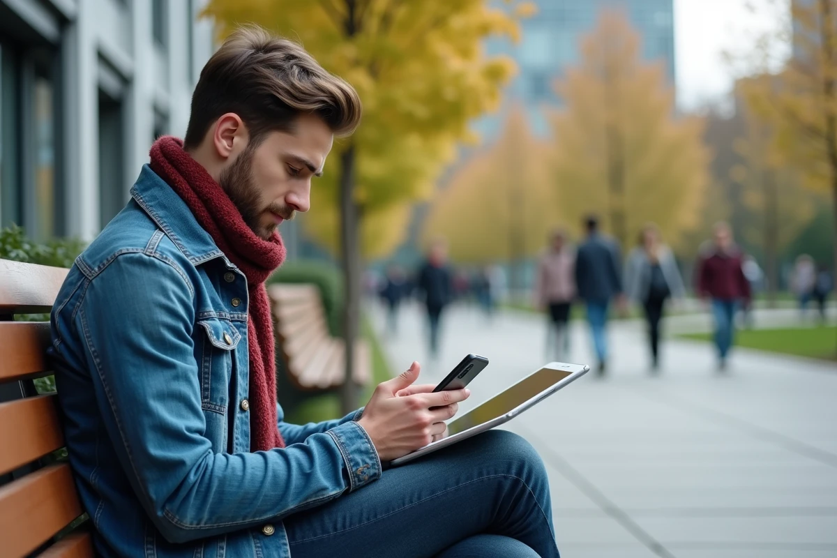 Jeune homme avec smartphone et tablette sur campus