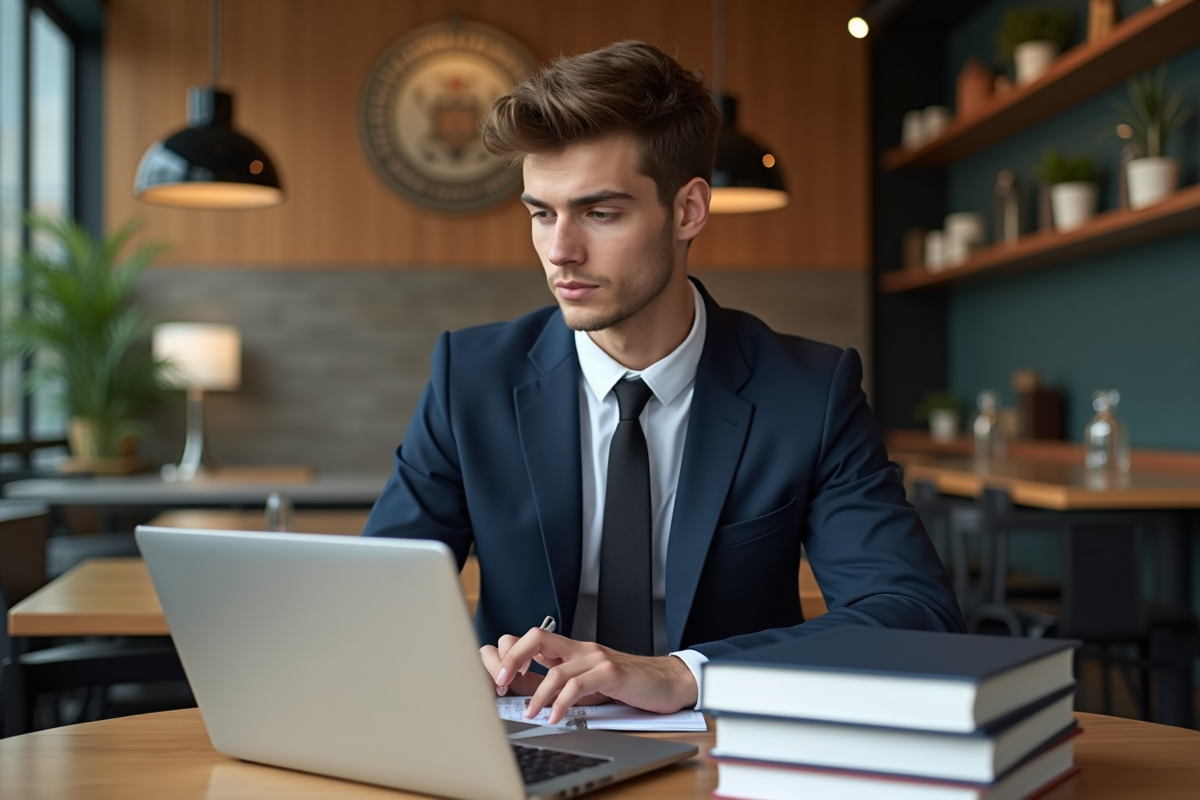 Jeune homme en costume étudiant à un café universitaire