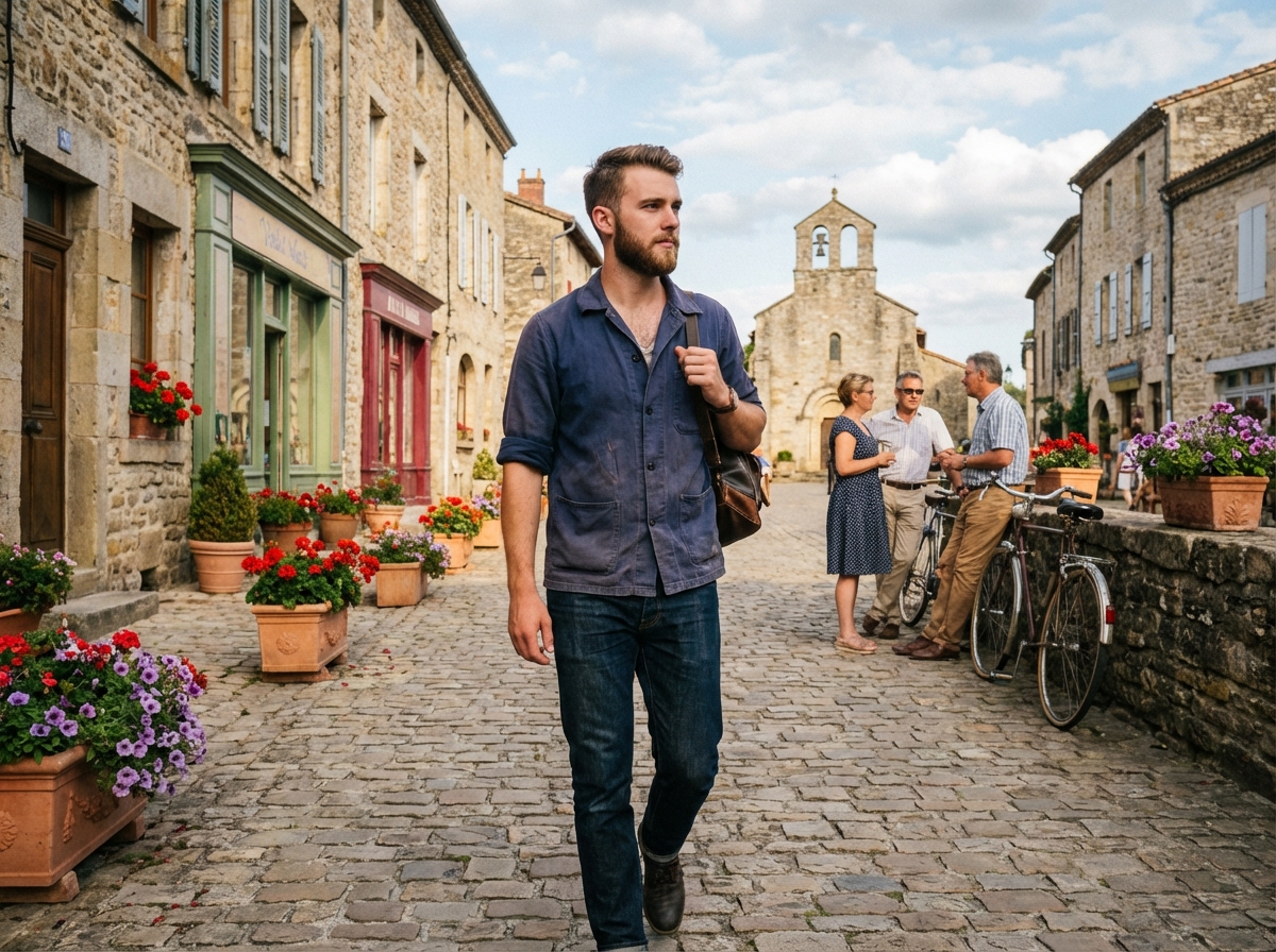 Jeune homme marchant dans une rue pittoresque de village