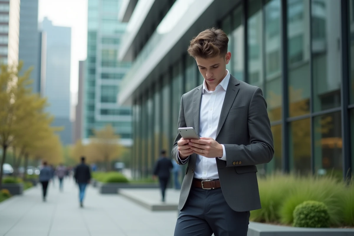 Jeune homme d affaires vérifiant son smartphone devant un bâtiment