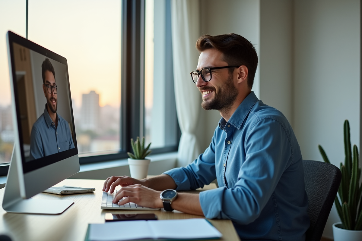 Jeune homme en visioconference dans un appartement lumineux