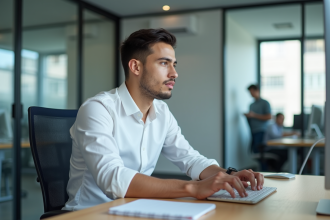 Jeune homme internant au bureau observant l'écran