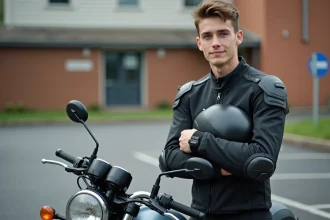 Jeune homme de 18 ans avec équipement moto A2 devant une auto-école
