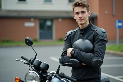 Jeune homme de 18 ans avec équipement moto A2 devant une auto-école