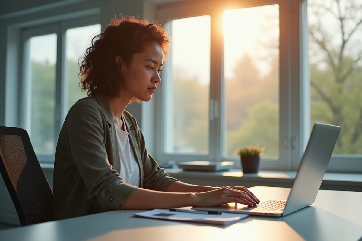 Jeune professionnel travaillant à un bureau lumineux et moderne