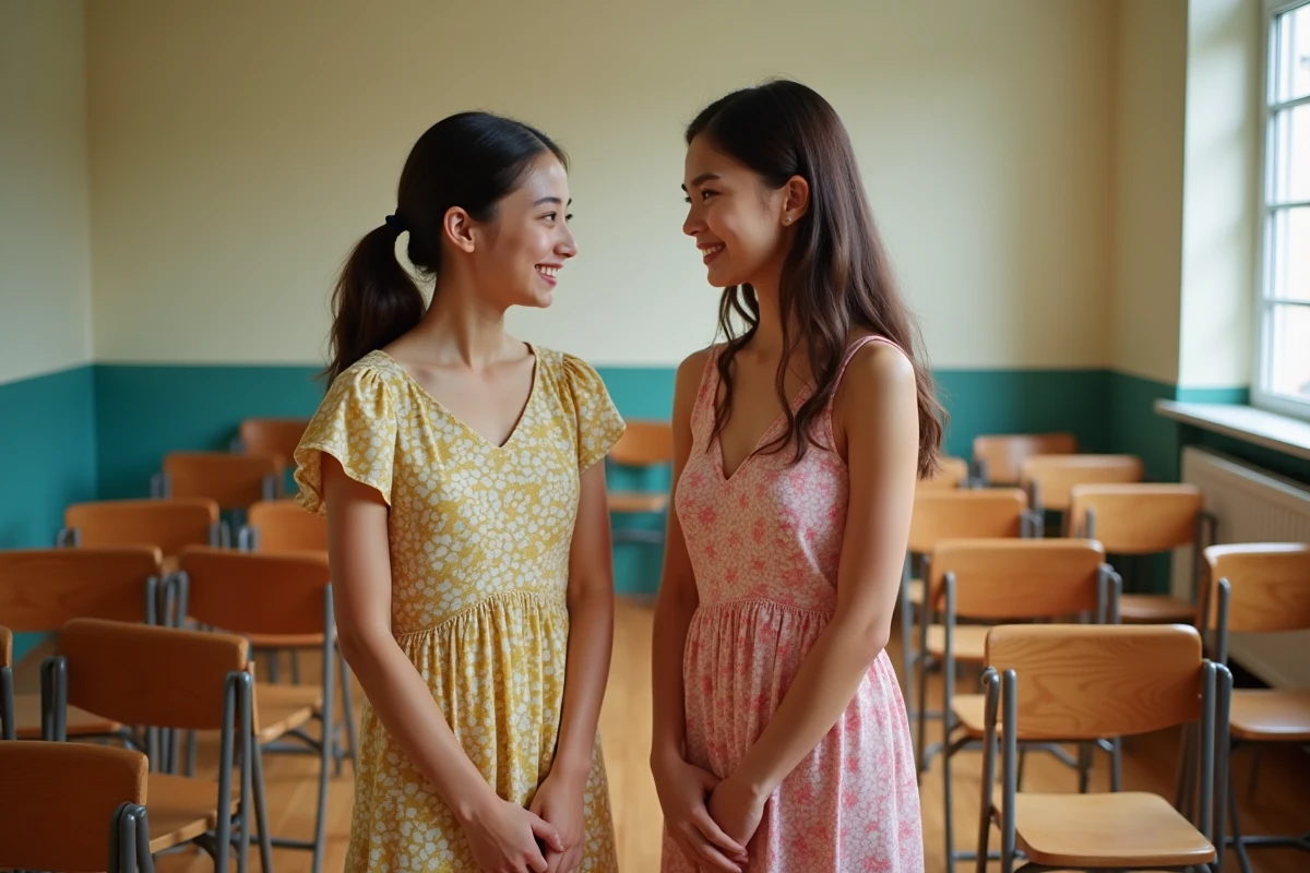 Deux jeunes femmes en robe colorée dans un centre communautaire