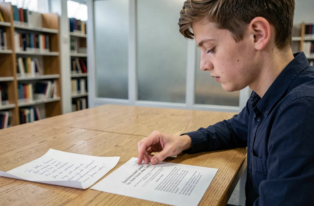 Lycéen en bibliothèque comparant son brouillon manuscrit et le rendu final corrigé d'un commentaire composé posés côte à côte