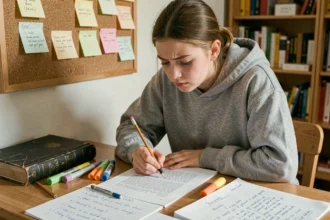 Lycéenne annotant un brouillon manuscrit de commentaire composé à son bureau, entourée de notes et d'un manuel de littérature française