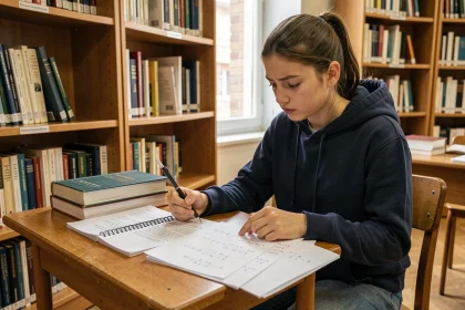 Lycéenne révisant ses notes avec coefficients pour le Bac réformé 2026 dans une bibliothèque scolaire