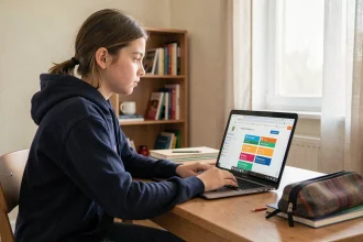Lycéenne connectée à l'ENT Esterel Académie Aix Marseille sur son ordinateur portable depuis sa chambre