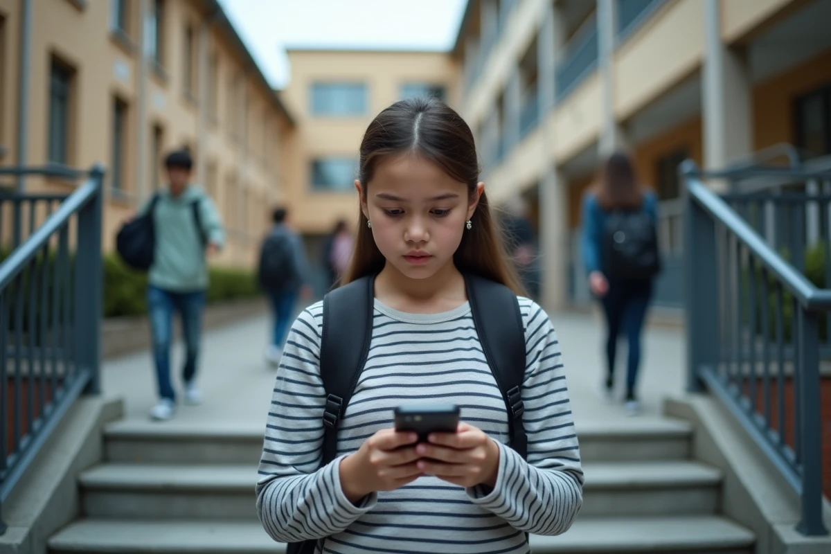 Lycéenne consultant son smartphone face à un message d'erreur lors d'une tentative de connexion au site PSN Mon Lycée
