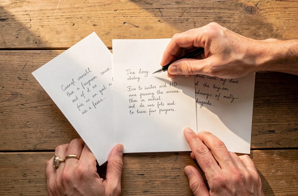 Mains qui classent des feuilles de notes sur une table