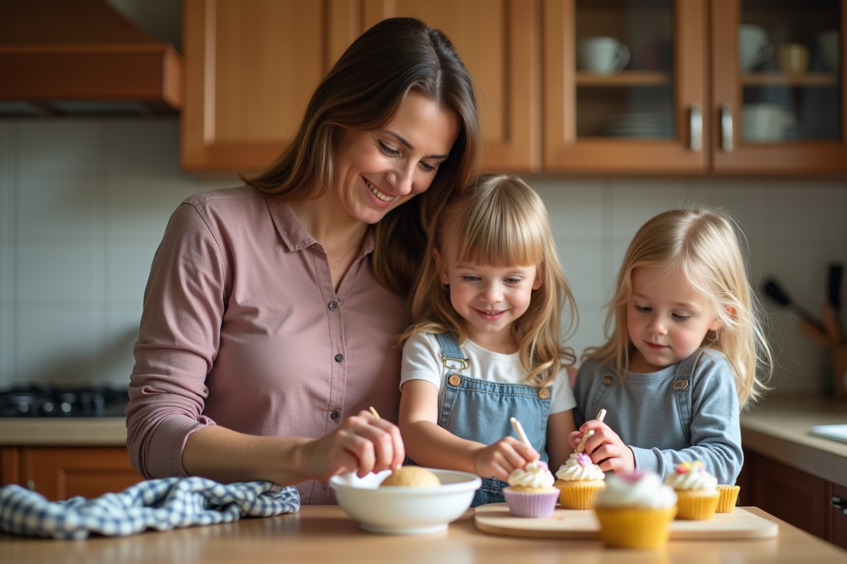 Maman et enfants décorant des cupcakes en cuisine