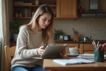 Maman regarde le rapport scolaire de son fils à la tablette
